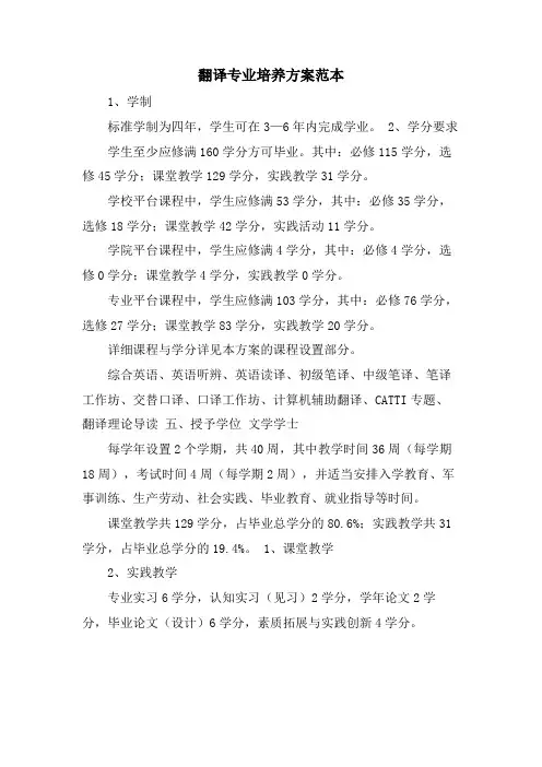 翻译专业培养方案范本