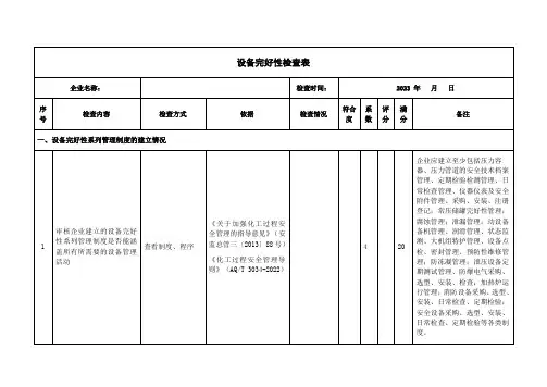安全生产分级分类监管实施方案评估表——设备完好性检查表