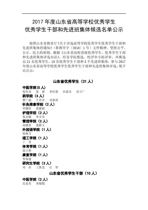 2017年度山东省高等学校优秀学生优秀学生干部和先进班集