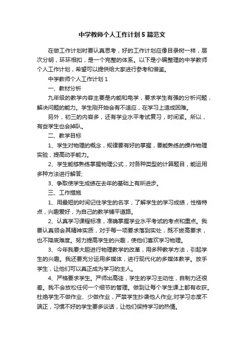 中学教师个人工作计划5篇范文