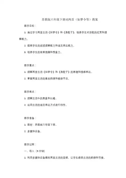 苏教版六年级下册词两首(如梦令等)教案