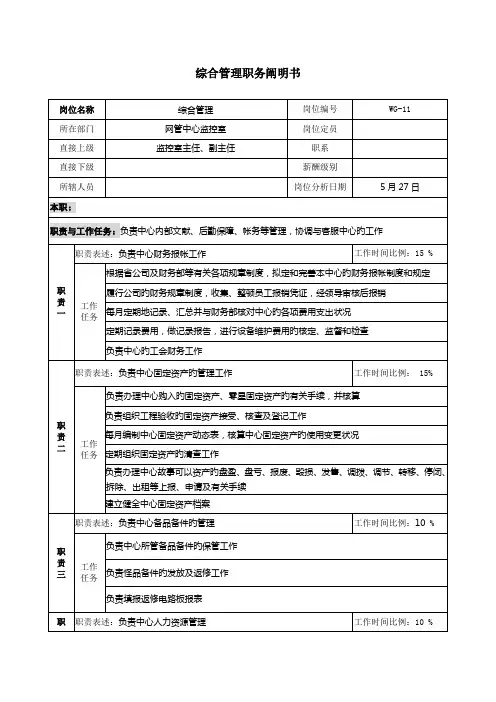 通信行业网管中心监控室综合管理岗位专项说明书