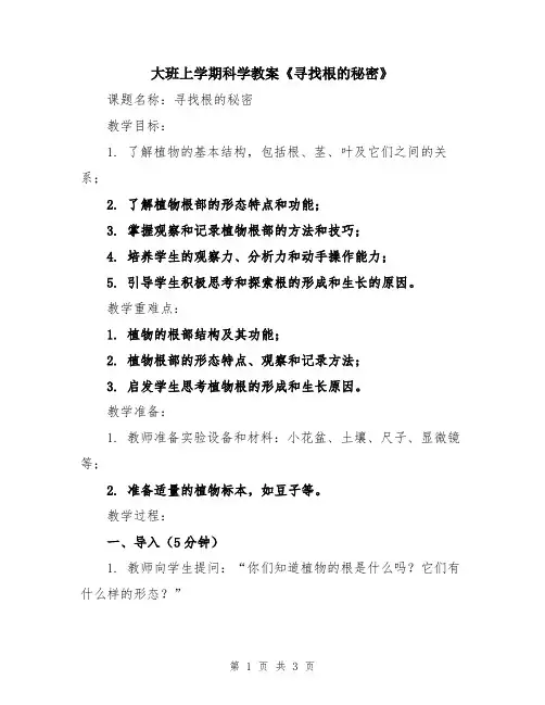 大班上学期科学教案《寻找根的秘密》