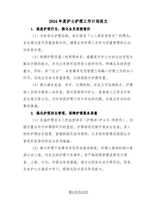 2024年度护士护理工作计划范文（五篇）