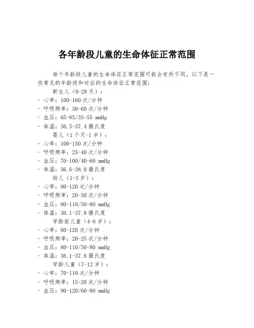 各年龄段儿童的生命体征正常范围