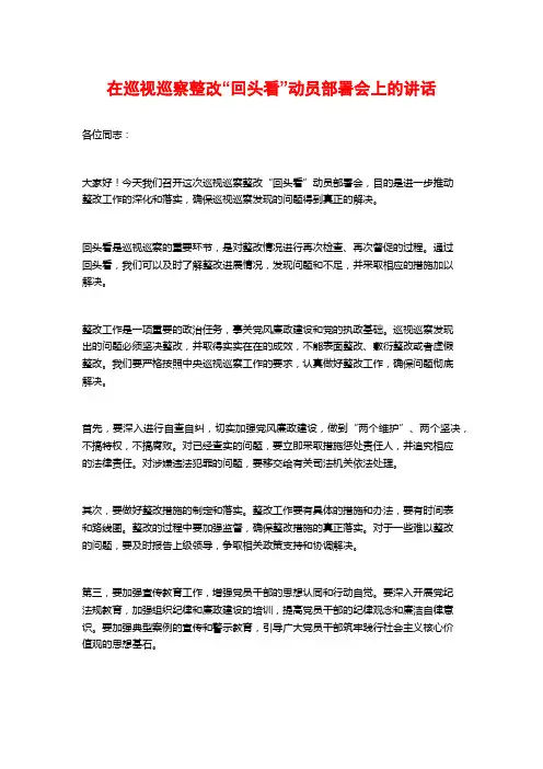 在巡视巡察整改“回头看”动员部署会上的讲话