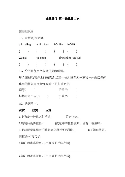 部编版四年级语文下册 第1课 桂林山水课堂练习  含答案