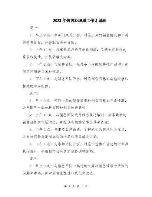 2023年销售经理周工作计划表