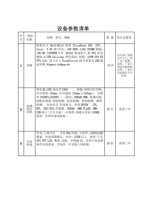 设备参数清单