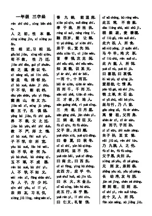 一年级《三字经》背诵内容节选