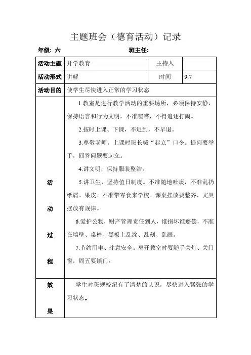 六年级主题班队会记录表(6次)