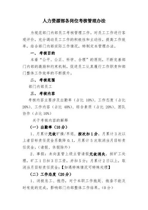 人力资源部各岗位考核管理办法