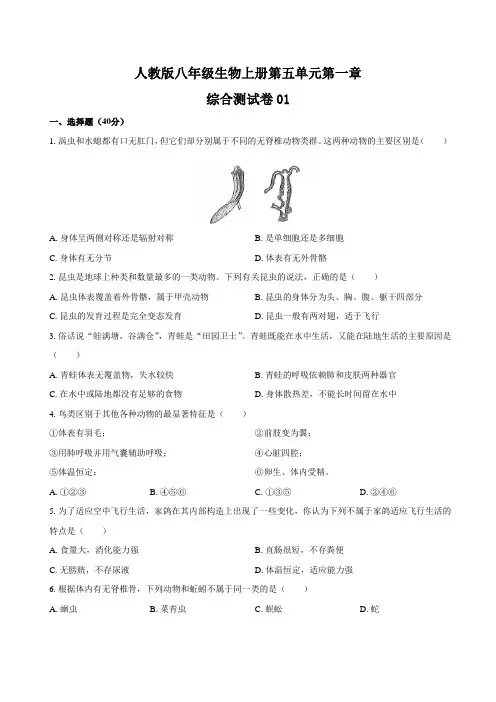 人教版八年级生物上册 第五单元第一章《动物的主要类群》综合测试卷三套及答案