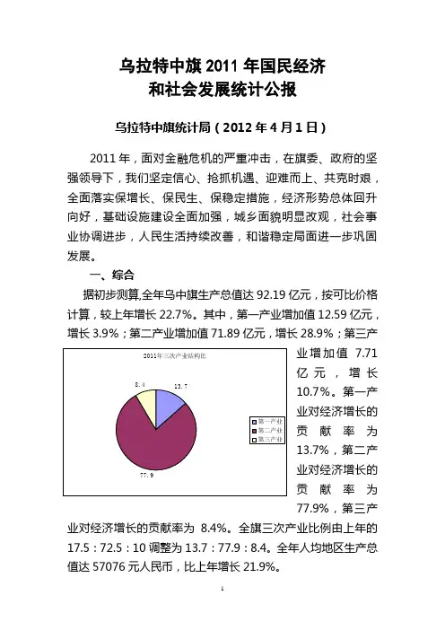 乌拉特中旗2011年国民经济社会发展统计公报