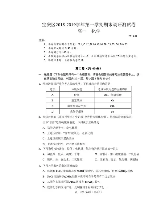 深圳市宝安区2018-2019学年第一学期期末调研测试卷高一化学