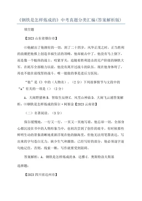 《钢铁是怎样炼成的》中考真题分类汇编(答案解析版)