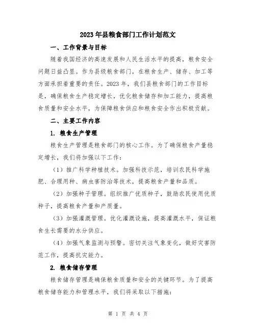 2023年县粮食部门工作计划范文