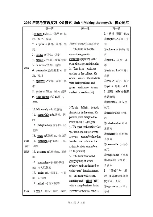 2020年高考英语复习《必修五 Unit 4 Making the news》：核心词汇