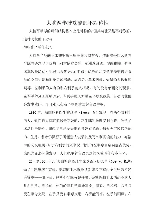 大脑两半球功能的不对称性