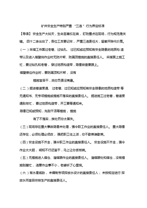 矿井安全生产特别严重三违行为界定标准