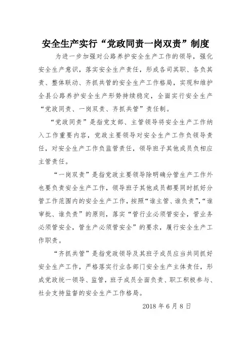安全生产实行“党政同责一岗双责”制度(1)