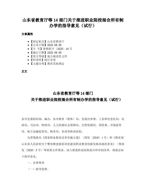 山东省教育厅等14部门关于推进职业院校混合所有制办学的指导意见（试行）