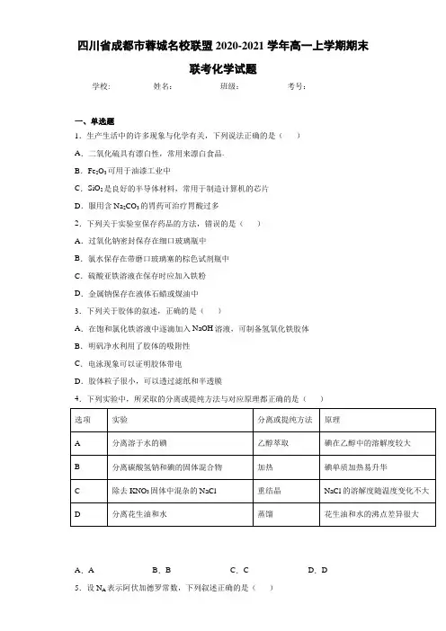 四川省成都市蓉城名校联盟2020-2021学年高一上学期期末联考化学试题