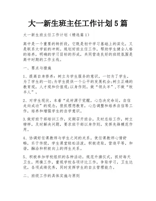 大一新生班主任工作计划5篇