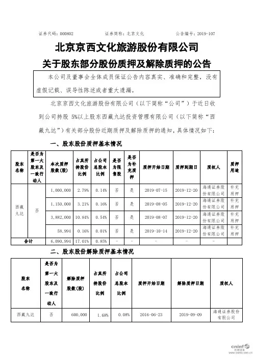 北京文化：关于股东部分股份质押及解除质押的公告