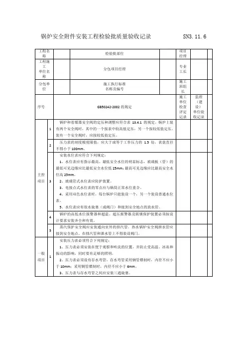 锅炉安全附件安装工程检验批质量验收记录
