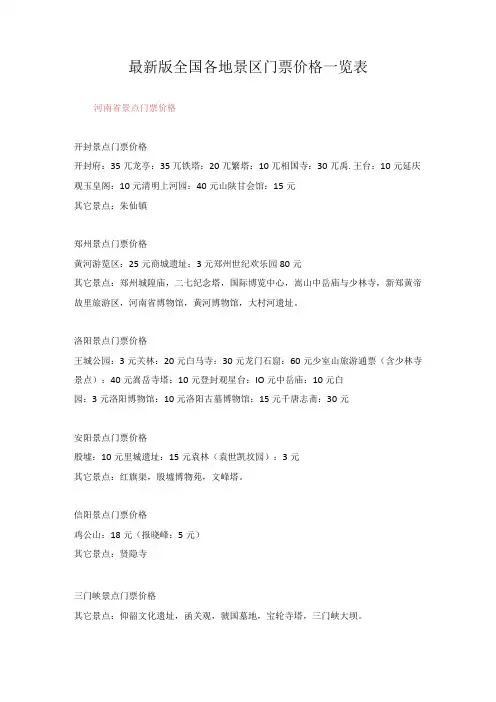 最新版全国各地景区门票价格一览表