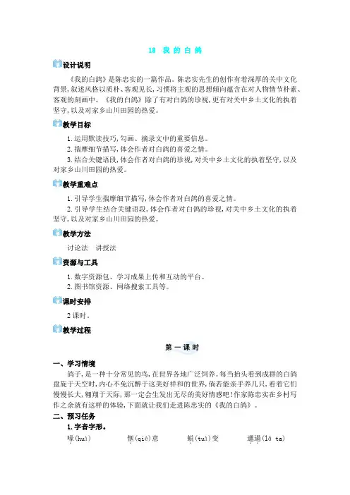 2024年部编版七年级语文上册教学设计第5单元18 我的白鸽