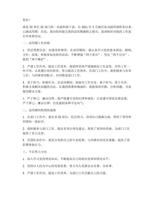 副科级试用期满转正报告