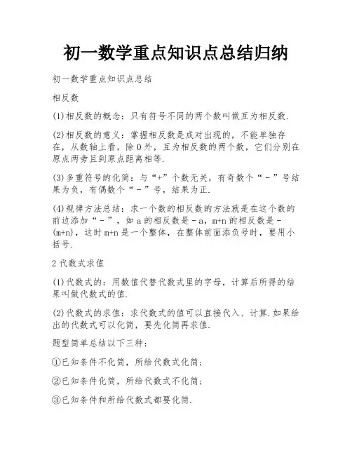 初一数学重点知识点总结归纳