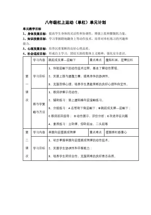 八年级单杠单元计划