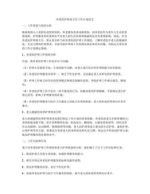 养老院护理部主任工作计划范文