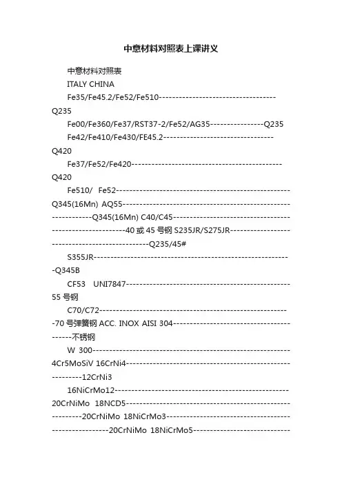 中意材料对照表上课讲义