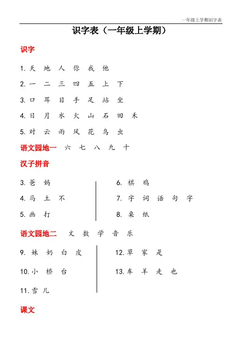 小学一年级识字、生字表