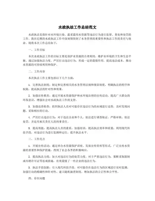 水政执法工作总结范文