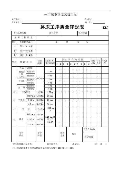 路床工序质量评定表