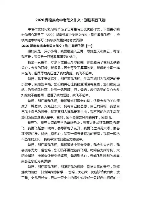 2020湖南娄底中考范文作文：别拦着我飞翔