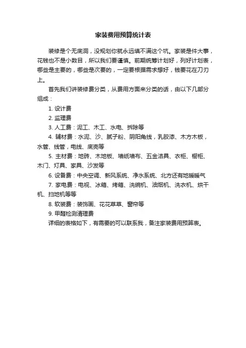 家装费用预算统计表