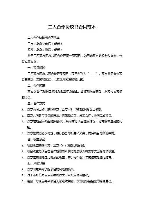 二人合作协议书合同范本 (1)