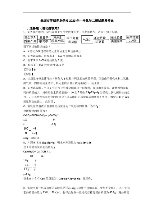 深圳市罗湖育龙学校2020年中考化学二模试题及答案