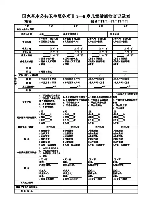 国家基本公共卫生服务项目3—6岁儿童健康检查记录表