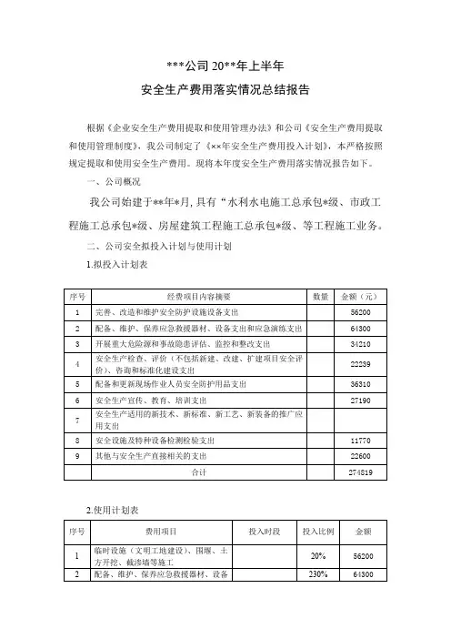 年度安全生产费用落实情况总结报告