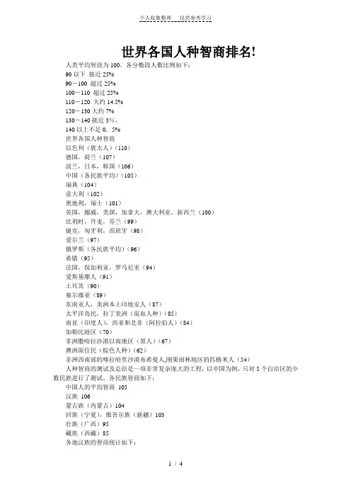 世界各国人种智商排名