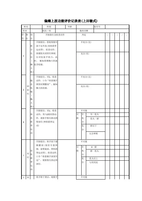 偏瘫上肢功能评价记录表(上田敏式)
