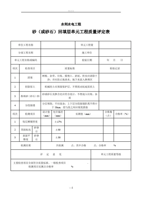 砂(或砂石)回填层单元工程质量评定表
