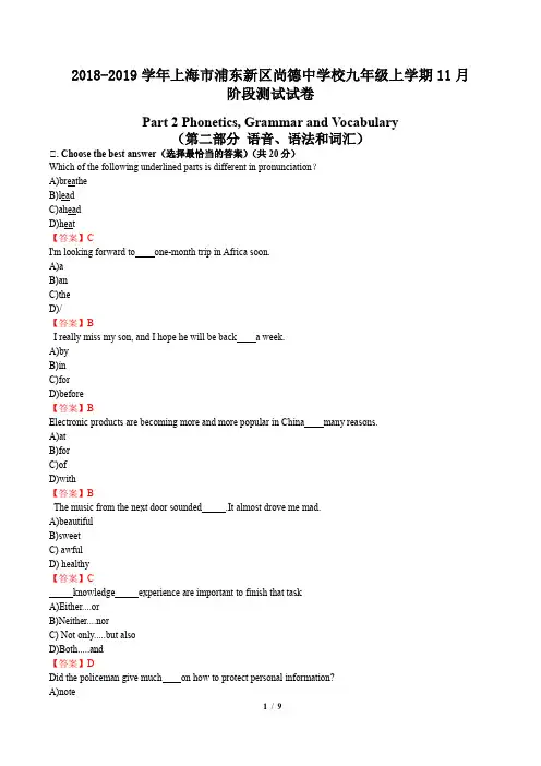 2018-2019学年上海市浦东新区尚德中学九年级上学期11月测试卷
